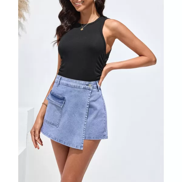 luvamia Denim Skorts for Woman Cargo Faux Wrap Jean Skort Skirts Stretchy High Waisted Skirt Shorts Country Concert WearLakeside Blue