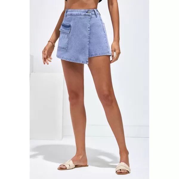luvamia Denim Skorts for Woman Cargo Faux Wrap Jean Skort Skirts Stretchy High Waisted Skirt Shorts Country Concert WearLakeside Blue