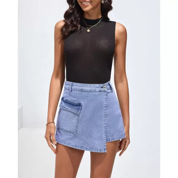 luvamia Denim Skorts for Woman Cargo Faux Wrap Jean Skort Skirts Stretchy High Waisted Skirt Shorts Country Concert WearLakeside Blue