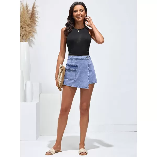 luvamia Denim Skorts for Woman Cargo Faux Wrap Jean Skort Skirts Stretchy High Waisted Skirt Shorts Country Concert WearLakeside Blue