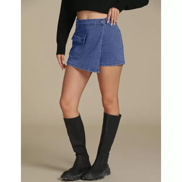 luvamia Denim Skorts for Woman Cargo Faux Wrap Jean Skort Skirts Stretchy High Waisted Skirt Shorts Country Concert WearLapis Blue