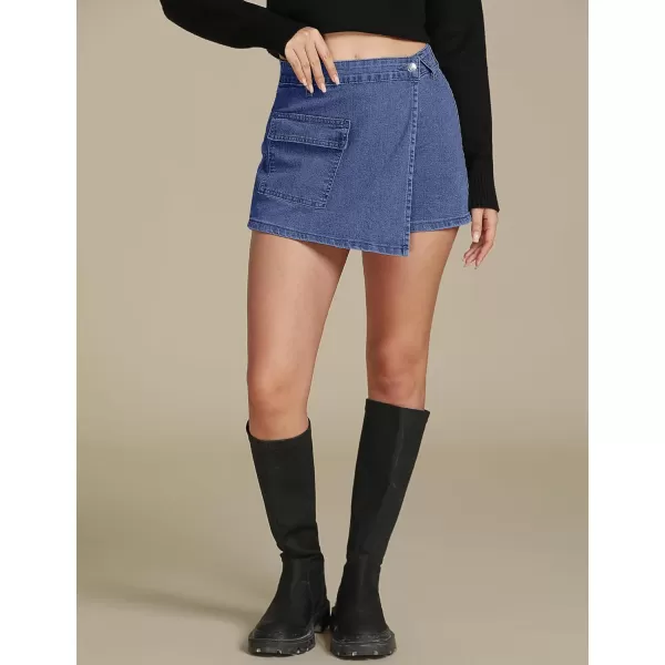 luvamia Denim Skorts for Woman Cargo Faux Wrap Jean Skort Skirts Stretchy High Waisted Skirt Shorts Country Concert WearLapis Blue