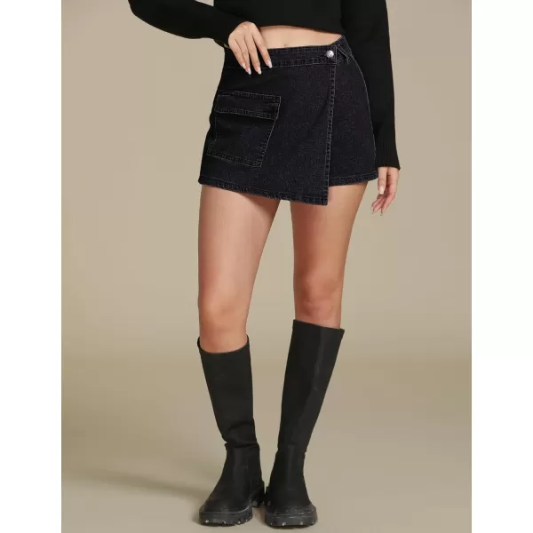 luvamia Denim Skorts for Woman Cargo Faux Wrap Jean Skort Skirts Stretchy High Waisted Skirt Shorts Country Concert WearWashed Black