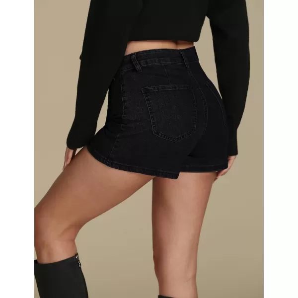 luvamia Denim Skorts for Woman Cargo Faux Wrap Jean Skort Skirts Stretchy High Waisted Skirt Shorts Country Concert WearWashed Black