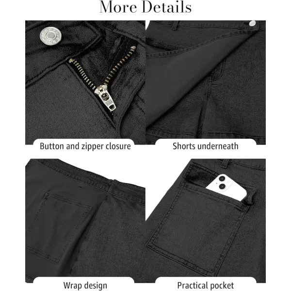 luvamia Denim Skorts for Woman Cargo Faux Wrap Jean Skort Skirts Stretchy High Waisted Skirt Shorts Country Concert WearWashed Black