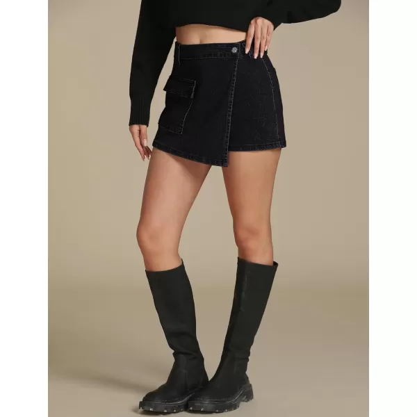 luvamia Denim Skorts for Woman Cargo Faux Wrap Jean Skort Skirts Stretchy High Waisted Skirt Shorts Country Concert WearWashed Black