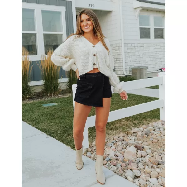 luvamia Denim Skorts for Woman Cargo Faux Wrap Jean Skort Skirts Stretchy High Waisted Skirt Shorts Country Concert WearWashed Black