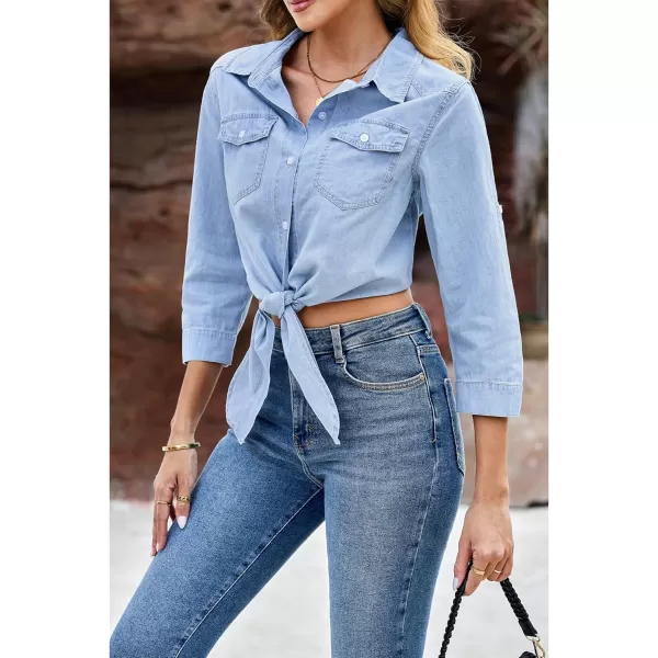 luvamia Denim Tops for Women Trendy Button Down Denim Shirt Tie Front Blouse 34 Sleeve Jean Chambray Crop Top CardiganCool Blue