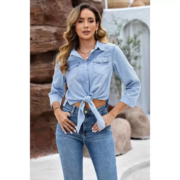 luvamia Denim Tops for Women Trendy Button Down Denim Shirt Tie Front Blouse 34 Sleeve Jean Chambray Crop Top CardiganCool Blue