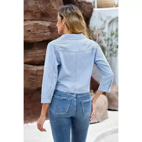 luvamia Denim Tops for Women Trendy Button Down Denim Shirt Tie Front Blouse 34 Sleeve Jean Chambray Crop Top CardiganCool Blue