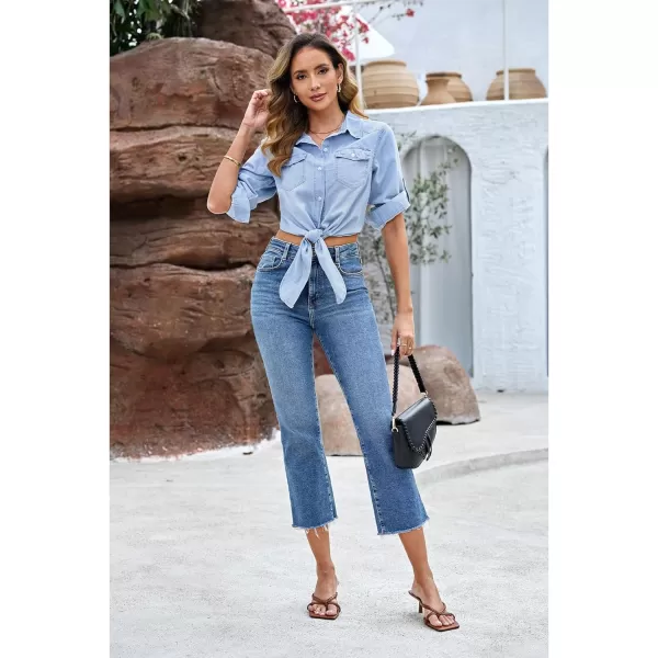 luvamia Denim Tops for Women Trendy Button Down Denim Shirt Tie Front Blouse 34 Sleeve Jean Chambray Crop Top CardiganCool Blue