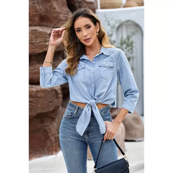 luvamia Denim Tops for Women Trendy Button Down Denim Shirt Tie Front Blouse 34 Sleeve Jean Chambray Crop Top CardiganCool Blue