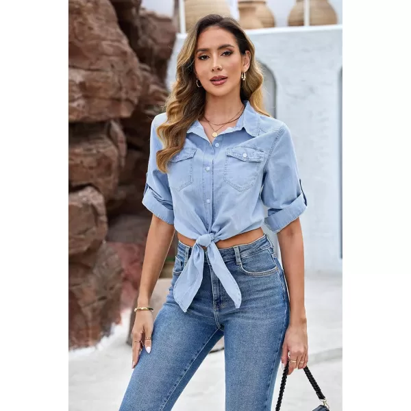 luvamia Denim Tops for Women Trendy Button Down Denim Shirt Tie Front Blouse 34 Sleeve Jean Chambray Crop Top CardiganCool Blue