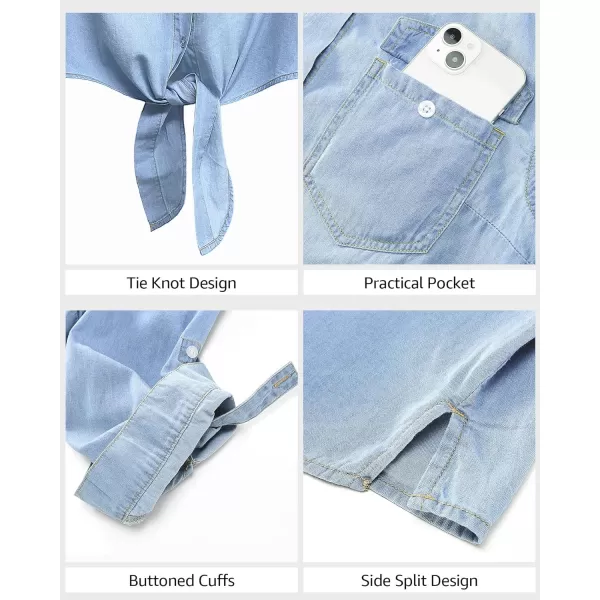 luvamia Denim Tops for Women Trendy Button Down Denim Shirt Tie Front Blouse 34 Sleeve Jean Chambray Crop Top CardiganCool Blue