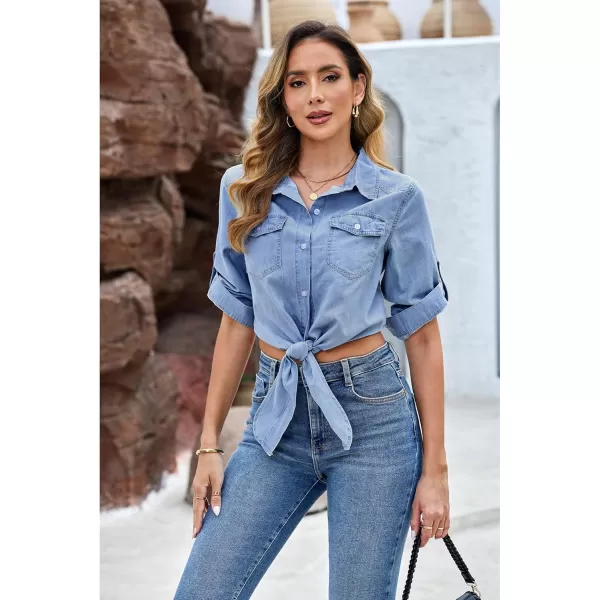 luvamia Denim Tops for Women Trendy Button Down Denim Shirt Tie Front Blouse 34 Sleeve Jean Chambray Crop Top CardiganHelium Blue