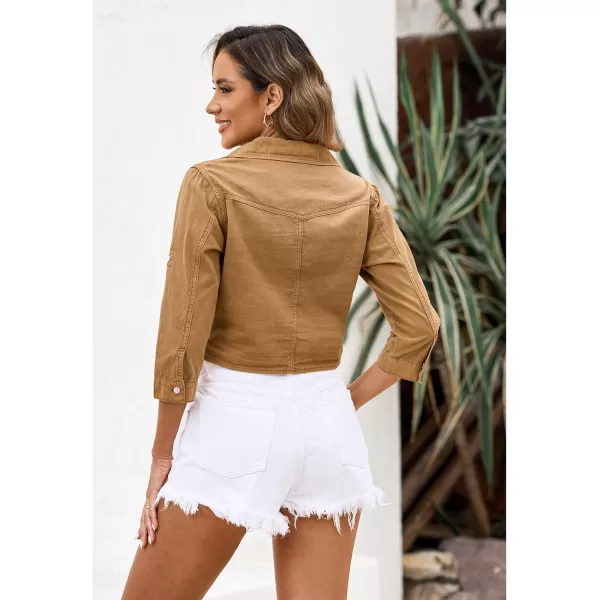 luvamia Denim Tops for Women Trendy Button Down Denim Shirt Tie Front Blouse 34 Sleeve Jean Chambray Crop Top CardiganTaffy Brown