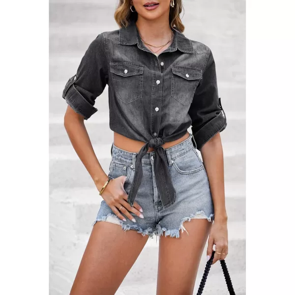 luvamia Denim Tops for Women Trendy Button Down Denim Shirt Tie Front Blouse 34 Sleeve Jean Chambray Crop Top CardiganVintage Black