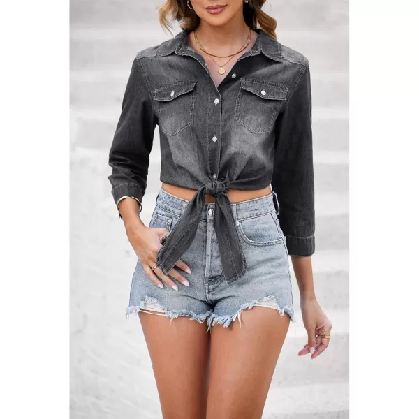 luvamia Denim Tops for Women Trendy Button Down Denim Shirt Tie Front Blouse 34 Sleeve Jean Chambray Crop Top CardiganVintage Black