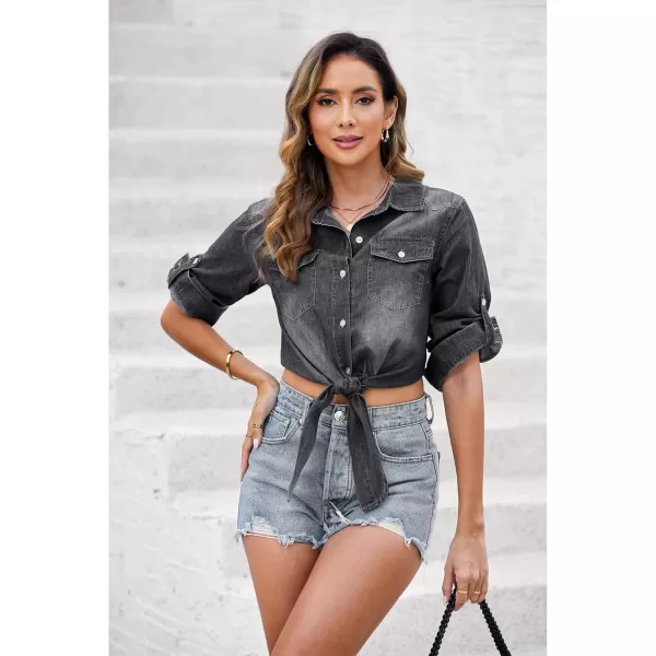luvamia Denim Tops for Women Trendy Button Down Denim Shirt Tie Front Blouse 34 Sleeve Jean Chambray Crop Top CardiganVintage Black
