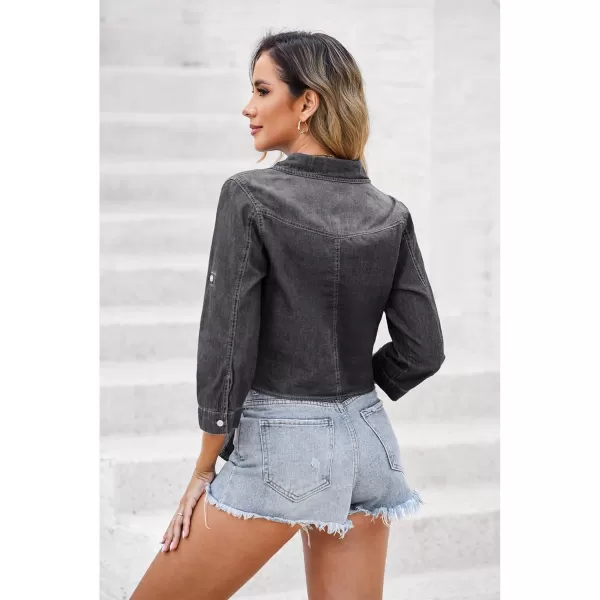 luvamia Denim Tops for Women Trendy Button Down Denim Shirt Tie Front Blouse 34 Sleeve Jean Chambray Crop Top CardiganVintage Black
