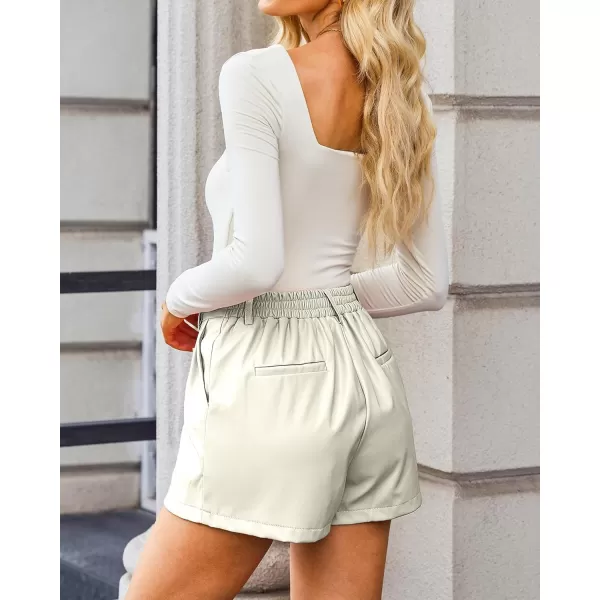 luvamia Faux Leather Shorts for Women High Waist Pleated Wide Leg Stretchy Shorts with Pockets Short PU Leather PantsAntique White