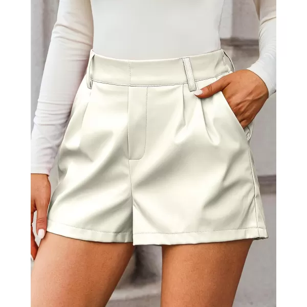 luvamia Faux Leather Shorts for Women High Waist Pleated Wide Leg Stretchy Shorts with Pockets Short PU Leather PantsAntique White