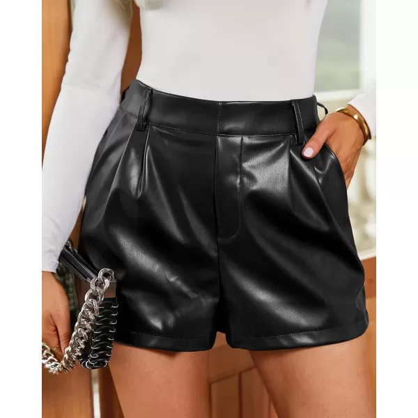 luvamia Faux Leather Shorts for Women High Waist Pleated Wide Leg Stretchy Shorts with Pockets Short PU Leather PantsBlack