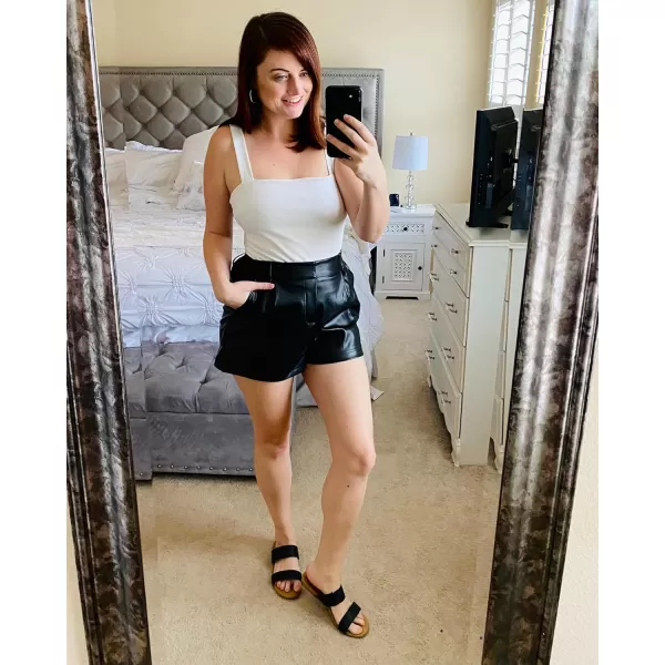 luvamia Faux Leather Shorts for Women High Waist Pleated Wide Leg Stretchy Shorts with Pockets Short PU Leather PantsBlack