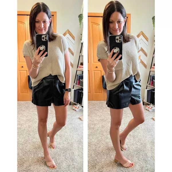 luvamia Faux Leather Shorts for Women High Waist Pleated Wide Leg Stretchy Shorts with Pockets Short PU Leather PantsBlack
