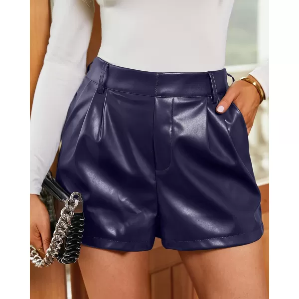 luvamia Faux Leather Shorts for Women High Waist Pleated Wide Leg Stretchy Shorts with Pockets Short PU Leather PantsBlue Depths