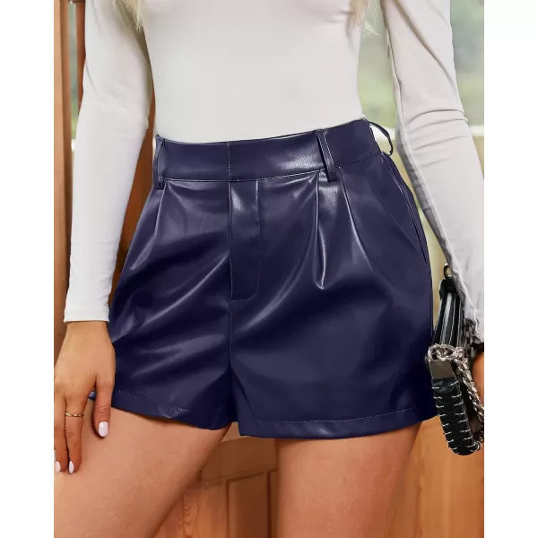 luvamia Faux Leather Shorts for Women High Waist Pleated Wide Leg Stretchy Shorts with Pockets Short PU Leather PantsBlue Depths