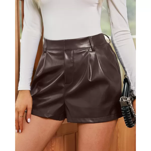 luvamia Faux Leather Shorts for Women High Waist Pleated Wide Leg Stretchy Shorts with Pockets Short PU Leather PantsChocolate Brown