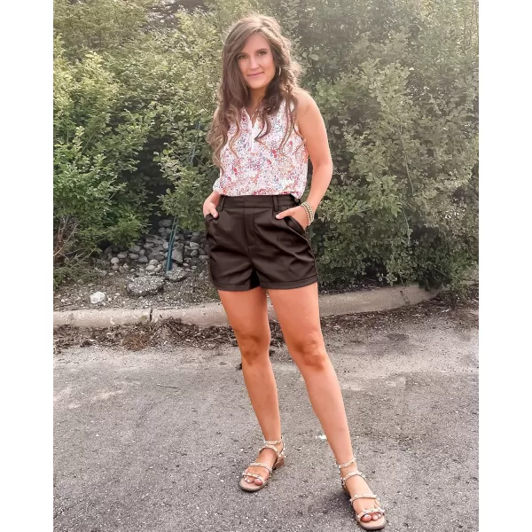 luvamia Faux Leather Shorts for Women High Waist Pleated Wide Leg Stretchy Shorts with Pockets Short PU Leather PantsChocolate Brown