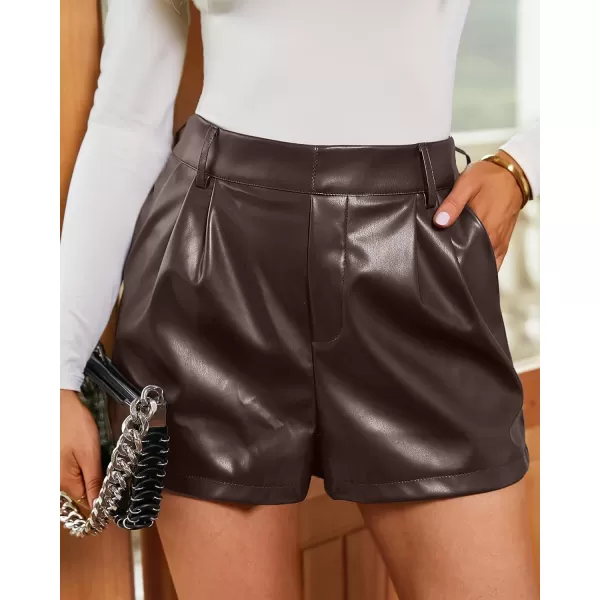 luvamia Faux Leather Shorts for Women High Waist Pleated Wide Leg Stretchy Shorts with Pockets Short PU Leather PantsChocolate Brown