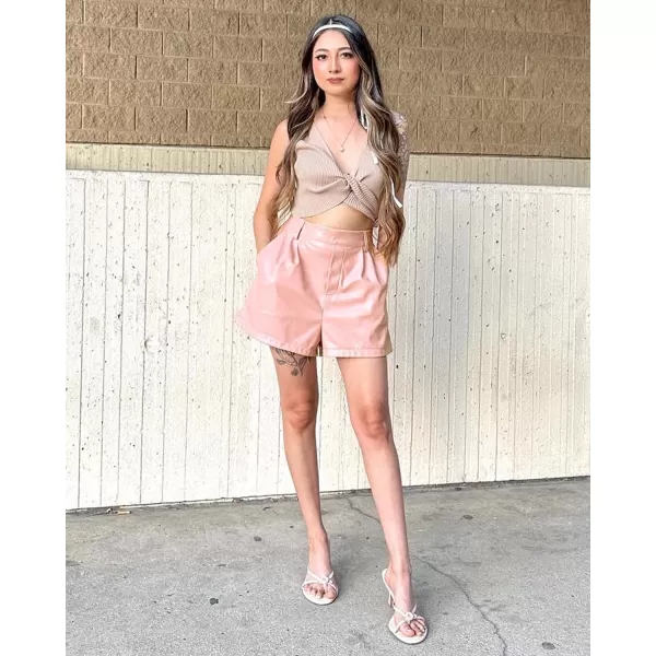 luvamia Faux Leather Shorts for Women High Waist Pleated Wide Leg Stretchy Shorts with Pockets Short PU Leather PantsDusty Pink