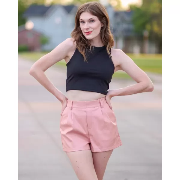 luvamia Faux Leather Shorts for Women High Waist Pleated Wide Leg Stretchy Shorts with Pockets Short PU Leather PantsDusty Pink