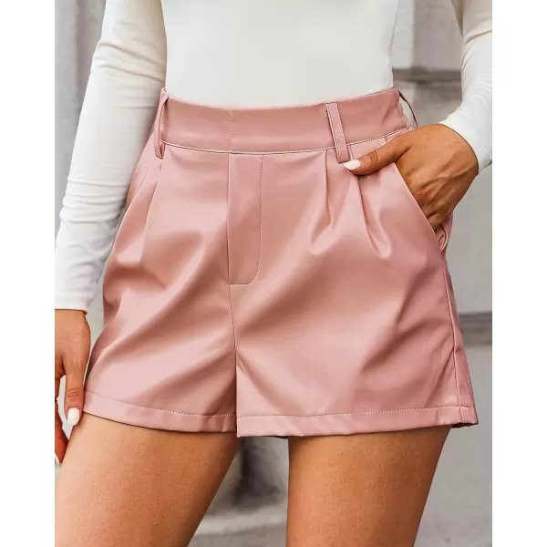 luvamia Faux Leather Shorts for Women High Waist Pleated Wide Leg Stretchy Shorts with Pockets Short PU Leather PantsDusty Pink