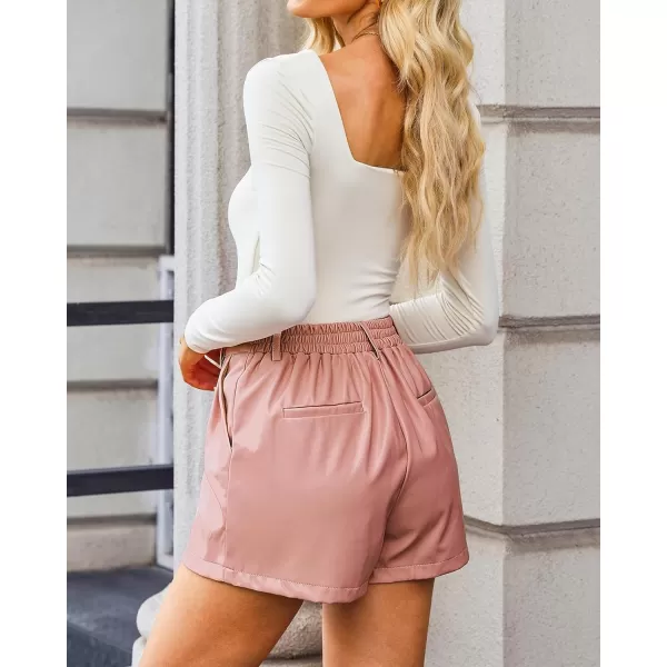 luvamia Faux Leather Shorts for Women High Waist Pleated Wide Leg Stretchy Shorts with Pockets Short PU Leather PantsDusty Pink