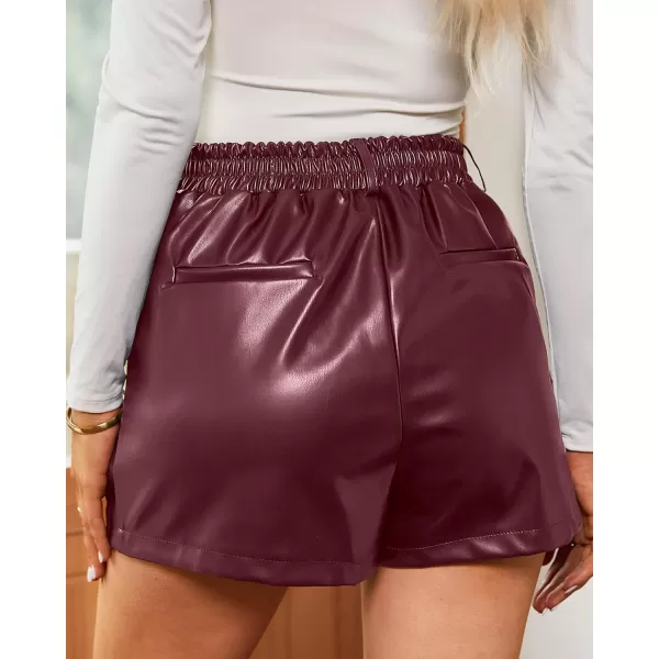 luvamia Faux Leather Shorts for Women High Waist Pleated Wide Leg Stretchy Shorts with Pockets Short PU Leather PantsRuby Wine