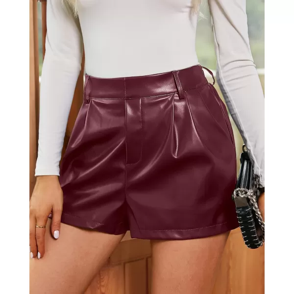 luvamia Faux Leather Shorts for Women High Waist Pleated Wide Leg Stretchy Shorts with Pockets Short PU Leather PantsRuby Wine