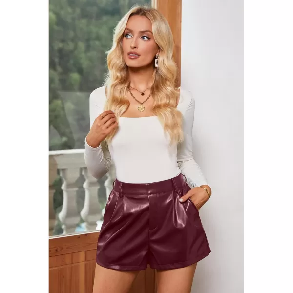 luvamia Faux Leather Shorts for Women High Waist Pleated Wide Leg Stretchy Shorts with Pockets Short PU Leather PantsRuby Wine