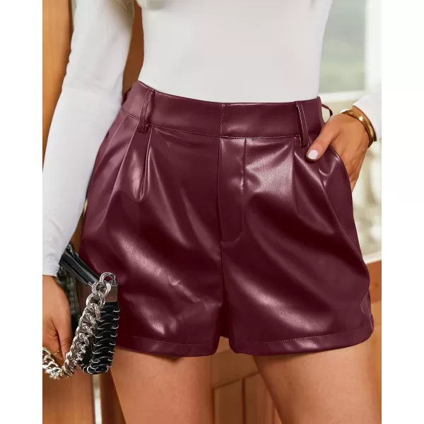 luvamia Faux Leather Shorts for Women High Waist Pleated Wide Leg Stretchy Shorts with Pockets Short PU Leather PantsRuby Wine