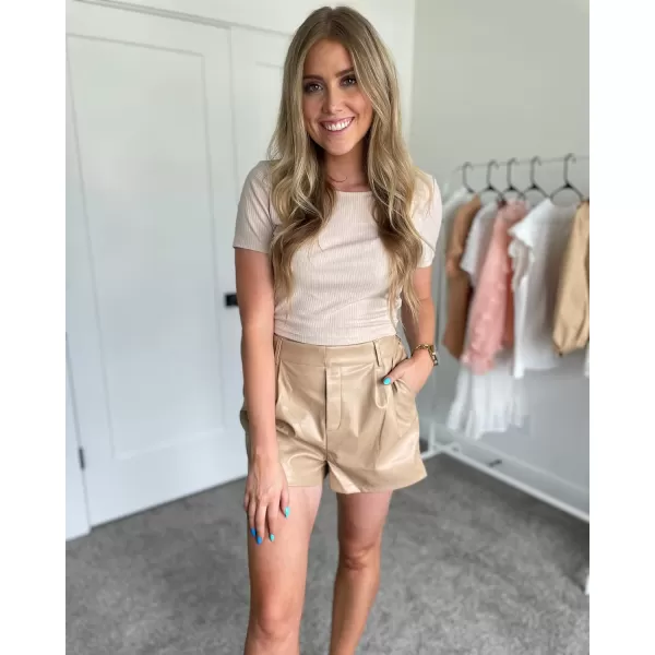 luvamia Faux Leather Shorts for Women High Waist Pleated Wide Leg Stretchy Shorts with Pockets Short PU Leather PantsToasted Almond