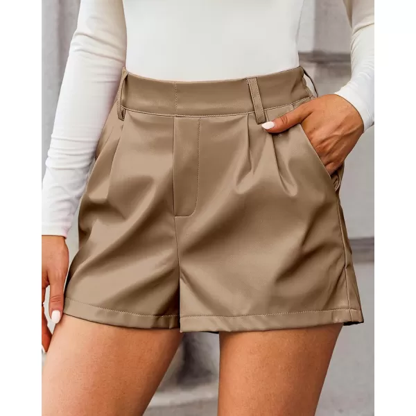 luvamia Faux Leather Shorts for Women High Waist Pleated Wide Leg Stretchy Shorts with Pockets Short PU Leather PantsToasted Almond
