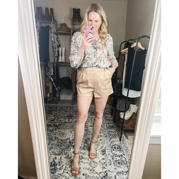 luvamia Faux Leather Shorts for Women High Waist Pleated Wide Leg Stretchy Shorts with Pockets Short PU Leather PantsToasted Almond