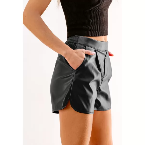 luvamia Faux Leather Shorts for Women High Wasited Pull On Pleated Side Slit Pleather Shorts with Elastic Waist PocketsBlack