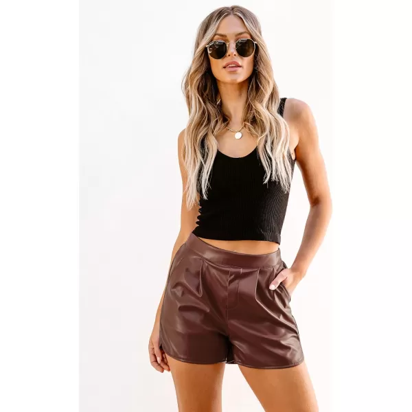 luvamia Faux Leather Shorts for Women High Wasited Pull On Pleated Side Slit Pleather Shorts with Elastic Waist PocketsChocolate Brown