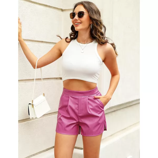 luvamia Faux Leather Shorts for Women High Wasited Pull On Pleated Side Slit Pleather Shorts with Elastic Waist PocketsHot Pink