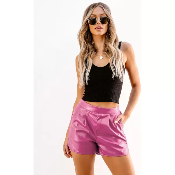 luvamia Faux Leather Shorts for Women High Wasited Pull On Pleated Side Slit Pleather Shorts with Elastic Waist PocketsHot Pink