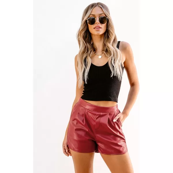 luvamia Faux Leather Shorts for Women High Wasited Pull On Pleated Side Slit Pleather Shorts with Elastic Waist PocketsRed